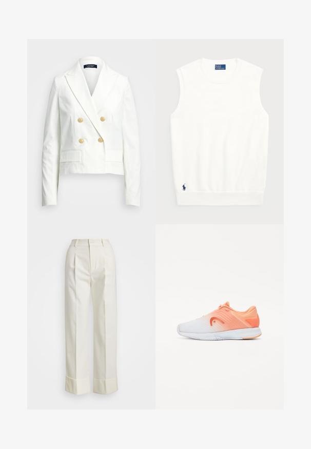 Valkoinen lyhyt bleiseri, jossa on kaksirivinen malli, kultaiset napit, viistereunat ja kaksi etutaskua. Sileä pinta ja hyvin istuva muoto.; Valkoinen hihaton villapaita, joka on valmistettu sileästä puuvillasta. Siinä on ribattu helma ja pieni tummansininen logo vasemmassa alakulmassa. Yksinkertainen muotoilu, ei kuvioita.; Valkoiset mittatilauspohjaiset housut, joissa on korkea vyötärö, kaksinkertaiset etukourut ja leveät lahkeet, joissa on käänteet. Valmistettu sileästä, teksturoidusta kankaasta.; Urheilukengät, joissa on liukuvärjäysdesign, joka siirtyy valkoisesta vaaleaan oranssiin, ja niissä on teksturoitu päällinen sekä oranssit yksityiskohdat kantapäällä.