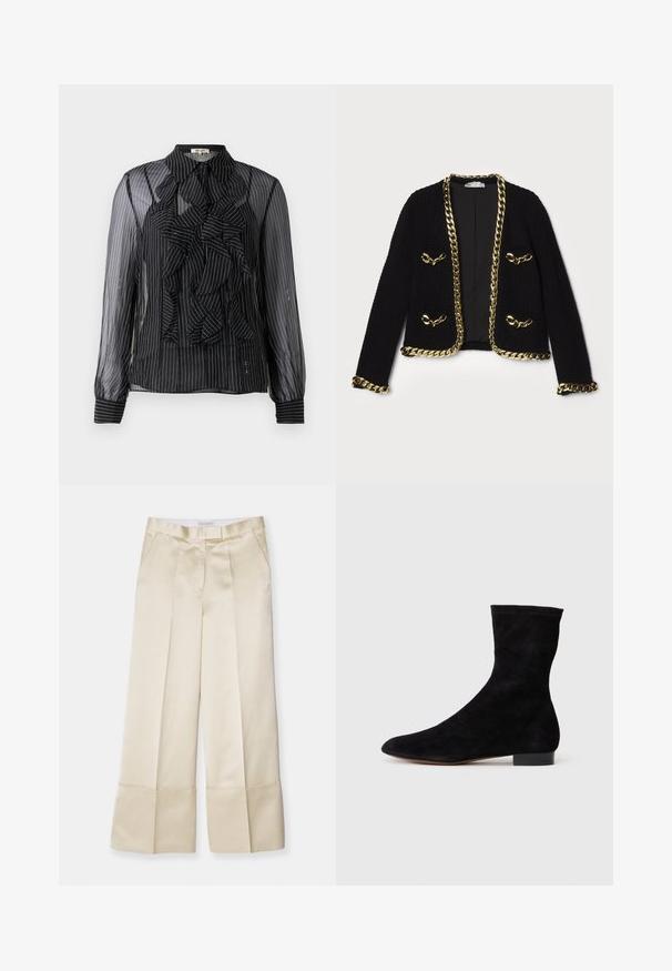 Černá texturovaná bunda se zlatým řetězovým lemováním podél okrajů a kapes, s dekorativními kovovými detaily na přední straně.; Černá průhledná blůza s vertikálními bílými pruhy, zřaseným detailem na přední straně, dlouhými rukávy a klasickým límcem. Měkká textura s knoflíkovým zapínáním.; Bežové široké kalhoty z hladké látky s vysokým pasem, skladaným předním dílem a ohnutým lemem, které mají boční kapsy a čistý vzhled.; Černá nubuková kotníková bota s úzkým svrškem, špičatou špičkou a nízkým blokovým podpatkem. Hladká textura a minimalistický design, vhodné pro všestranné styling.
