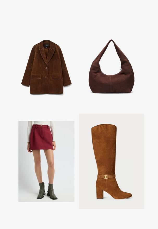 Brun suedeblazer med en notch-krave, to forlommer og en enkelt knaplukning. Blød tekstur og skræddersyet silhuet.; Cremefarvet ærmeløs kort top med brede stropper og en række af små hvide knapper foran i midten.; Kvinde iført struktureret rød mini skirt med forreste knap og olivengrønne ankelstøvler, stående foran en ensfarvet lys baggrund.; Brune ruskind knæhøje støvler med firkantet tå, kraftig hæl og en guldfarvet spænde detalje på en matchende ruskind rem omkring anklen.; Brun ruskinds hobo taske med et buet, bredt håndtag og en stor åbning. Blød tekstur med synlige stikninger langs kanterne.