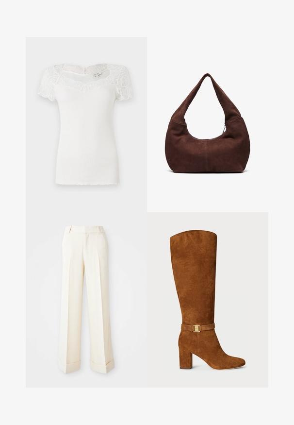 Blazer in suede marrone con colletto a punta, due tasche frontali e chiusura con un bottone. Texture morbida e silhouette sartoriale.; Top bianco a righe con maniche corte in pizzo e scollatura a onde. Il tessuto ha una consistenza liscia e una silhouette aderente.; Pantaloni beige a gamba larga con una texture liscia, pieghe frontali e risvolti. Presentano passanti per cintura e chiusura con zip.; Stivale in camoscio marrone alto fino al ginocchio con punta quadrata, tacco chunky e dettaglio con fibbia dorata su una fascia in camoscio abbinato attorno alla caviglia.; Borsa hobo in suede marrone con una maniglia curva e larga e un'ampia apertura. Tessuto morbido con dettagli di cucitura visibili lungo i bordi.