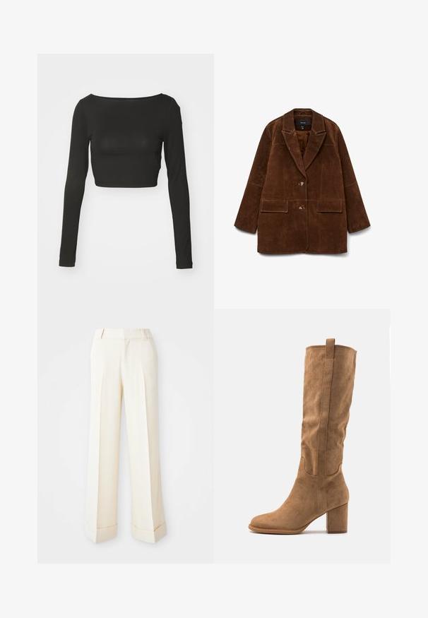 Brown suede blazer with a notched collar, two front pockets, and a single button closure. Soft texture and tailored silhouette.; Gina Tricot SOFT TOUCH CROPPED TOP - Long sleeved top - black; Beige wide-leg trousers with a smooth texture, front pleats, and folded cuffs. Features belt loops and a zip fly closure.; Knee-high tan suede boot with a block heel, featuring stitched accents and a streamlined silhouette for a modern look.