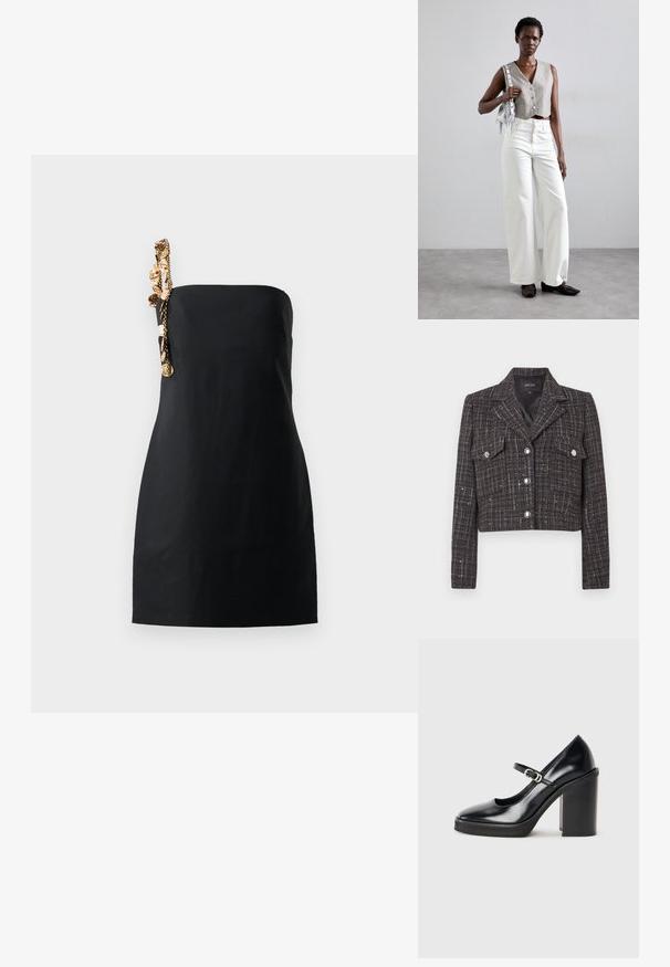 Lühendatud jakk tumedas tviidis ruudulise mustriga, hõbedaste nuppude, kahe ees tasku ja sisselõigetega kraega. Voodriga sisemus.; Must mustrõiv musta värvi, millel on struktureeritud, sirge lõige ja dekoratiivne kullatooniga kettdetail ühe õla peal. Siledat kangast tekstuur.; Must musta kõrge kontsaga king, mustast läikivast nahast, ümarate varvaste ja pahkluule kinnitatava rihmaga, hõbedase pandlaga ning ruudukujulise kõrge kontsaga.; Hallitatud hall vest nööpidega, koos valgete laia säärega teksade ja mustade lameda tallaga kingadega. Kaunistatud väikese hõbedase frantsiisiga kotiga.