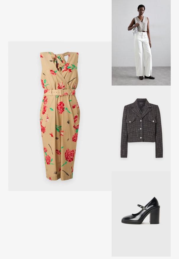 Jachetă scurtă din lână tartan închisă la culoare, cu model în carouri, nasturi argintii, două buzunare frontale și rever cu creastă. Interior căptușit.; Rochie tip wrap de culoare tan, cu imprimeu floral roșu și frunze verzi, având o talie cu curea, design fără mâneci și margine la genunchi.; Pantof cu toc înalt din piele patent neagră, cu vârful rotund, curea la gleznă, detalii cu cataramă argintie și toc bloc masiv.; Vest gri scurt cu nasturi, asortat cu blugi albi evazați și pantofi negri fără toc. Accesorizat cu o geantă mică cu franjuri din argint.