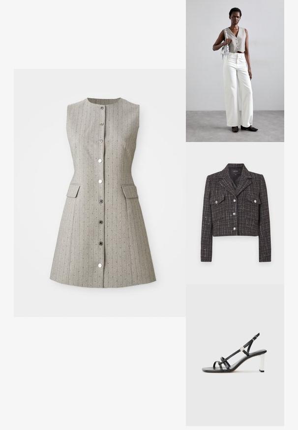 Trumpas švarkelis tamsaus tweedo su languotu raštu, sidabro spalvos sagomis, dviem priekinėmis kišenėmis ir suapvalintais atvartais. Vidus pamuštas.; Pilkos be rankovių suknelė su vertikaliomis juostelėmis, apvaliu iškirpimu, priekiniais sagomis, dviem šoninėmis kišenėmis ir prigludusia siluetu.; Juodi suknelės sandalai su keliais siaurais dirželiais, slingback dizainas ir sidabro akcentu ant kulno. Lygus viršutinis medžiagos paviršius ir kvadratinis kulnas.; Pilkas trumpas liemeniukas su sagomis, derinamas su baltomis plačiomis kelnėmis ir juodais butais be kulno. Papuoštas mažąja sidabrine frakcionuotų rankinuke.