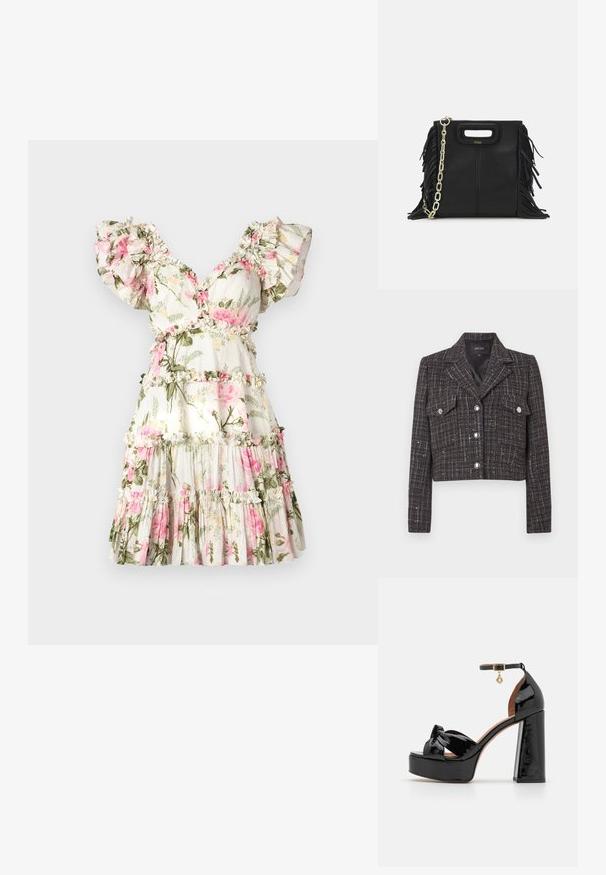 Sötét kockás tweed rövidített zakó ezüst gombokkal, két elülső zsebbel és nemesített gallérral. Bélés a belső részén.; Virágmintás ruha fehér háttérrel, rózsaszín rózsákkal és zöld levelekkel. Ráncolt ujjakkal, V-kivágással és fodros szoknyával.; Maje Magas sarkú szandálok - noir; Fekete bőr kézitáska, frufrus részletekkel, arany láncos vállpánttal és kivágott fogantyúval. Az elülső részen logó található.