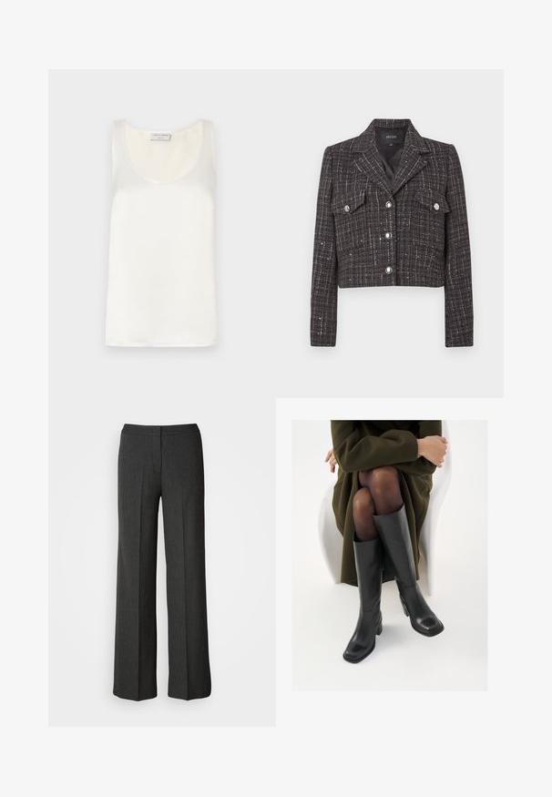 Korte jas in donker tweed met ruitpatroon, zilveren knopen, twee voorzakken en een reverskraag. Gevoerd interieur.; Witte satijnen mouwloze tanktop met een ronde halslijn en een soepele textuur, met een subtiele glans en nette randen.; Wijdvallende broek in donkergrijs, gemaakt van geweven stof. Heeft een aansluitende tailleband en een subtiel streeppatroon.; Knieschijf hoge zwarte leren laarzen met een vierkante neus en blokhak, getoond met een model dat zit in een olijfgroene jas. Gladde textuur, minimale details.