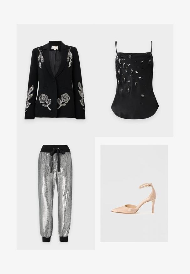 Melna žakete ar izsmalcinātu sudraba ziedu izšuvumu uz piedurknēm, ar vienu pogu aizdari un divām priekšējām kabatām. Gluda tekstūra.; Melnas satīna kamzolis ar plānām siksniņām, kuram ir izkaisīti pērlītes un spīdumi sudraba un tumšās krāsās, veidojot teksturētu rakstu.; Sudraba spīdīgas sporta bikses ar melnu elastīgu vidukļa joslu, auklu un melniem aproču galiem, kas nodrošina pieguļošu fit.; Nude patentēta ādas kurpe ar noraksta siksnu un stiletto papēdi, ar gludu virsmu un minimālistisku dizainu.