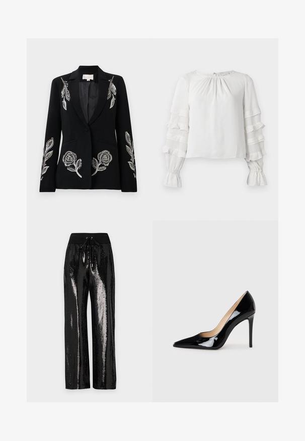 Čierny blejzer s precíznym strieborným kvetinovým vyšívaním na rukávoch, s jedným gombíkovým zapínaním a dvoma prednými vreckami. Hladká textúra.; Biela blúzka s dlhým rukávom, s volánovými tiered rukávmi, s gatherovými manžetami a jemným riasením pri okrúhlom výstrihu.; Čierne trblietavé nohavice s širokým strihom a elastickým pásom s šnúrkou. Materiál má reflexnú, lesklú textúru.; Čierne lakované lodičky na vysokej podpätku s špicatou špičkou a elegantným siluetou. Disponujú hladkým, lesklým povrchom a štíhlym podpätkom.