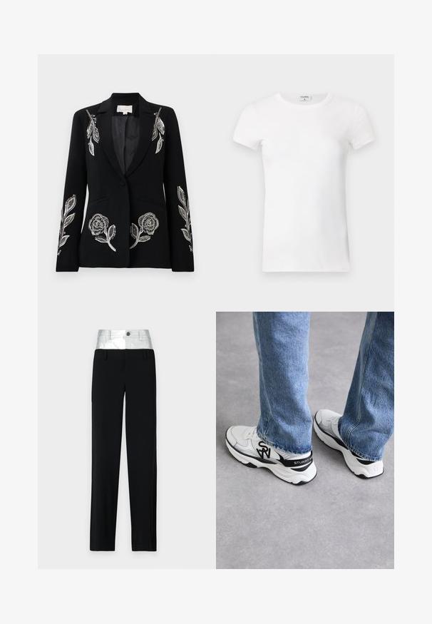 Juodas švarkas su sudėtingu sidabriniu gėlių siuvinėjimu ant rankovių, vienu mygtuko uždarymu ir dviem priekinėmis kišenėmis. Lygus paviršius.; Balta, raibota trumpa rankovėmis marškinėliai su apvaliu kaklu. Audinys atrodo lygus ir prigludęs. Prekės ženklo etikete matoma prie apykaklės.; Juodos kelnės su blizgia sidabro juosta. Yra mygtuko uždarymas ir keturi kišenės, su pritaikyta siluetu ir tiesios kojos dizainu.; Baltos ir pilkos sportinės bateliai su tekstūruota tinklo viršutine dalimi, juodais akcentais ir ryškiu logotipu šone ir kulne, derinami su mėlynomis džinsomis.