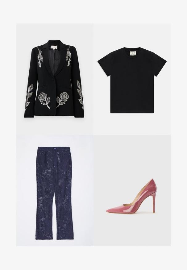 Juodas švarkas su sudėtingu sidabriniu gėlių siuvinėjimu ant rankovių, vienu mygtuko uždarymu ir dviem priekinėmis kišenėmis. Lygus paviršius.; Juodas trumpomis rankovėmis marškinėliai su apvaliu kaklu, vidinėje apykaklės pusėje yra balta etiketė su užrašu "D.R.C. EST. 2002" ant balto fono.; Tamsiai mėlynos nėrinių kelnės su plačiomis kojomis, turinčios juosmenį, dvi priekinės kišenės ir mygtuko užsegimą. Papuoštos sudėtingo nėrinių rašto detalėmis.; Rožinės plastikinių odos aukštakulnės bateliai su smailiu pirštu ir elegantiška siluetu, turintys išpjovą detalę ir stiletą kulną.