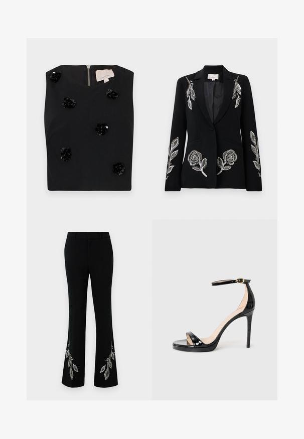 Schwarze Blazer mit aufwändiger silberner Blumenstickerei an den Ärmeln, einem einzigen Knopfverschluss und zwei Vorderentaschen. Glatte Textur.; Schwarzes ärmelloses Top mit quadratischem Ausschnitt, verziert mit Pailletten-Blumen-Applikationen und einem Reißverschluss auf der Rückseite. Glatte Stofftextur. Größe S.; Schwarze ausgestellte Hosen mit dekorativer silberner Blattstickerei am Saum. Sie verfügen über einen glatten Stoff, eine taillierte Passform und ein flaches Vorderdesign.; Schwarze patentierte Leder-Sandale mit hohen Absätzen, Knöchelriemen und goldener Schnalle, offene Zehen und schlanker Stiletto-Absatz auf einem schlichten Hintergrund.