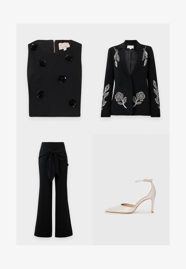 Black blazer with intricate silver floral embroidery on sleeves, a single button closure, and two front pockets. Smooth texture.; Black sleeveless top with square neckline, featuring sequin floral appliqués and a back zipper. Smooth fabric texture. Size small.; Black wide-leg pants with a waist tie detail. Made from soft fabric, featuring a smooth texture and clean lines. Hem slightly flared.; White leather high-heeled shoe with a pointed toe, ankle strap, and a slim stiletto heel. Smooth texture with subtle glossy finish.