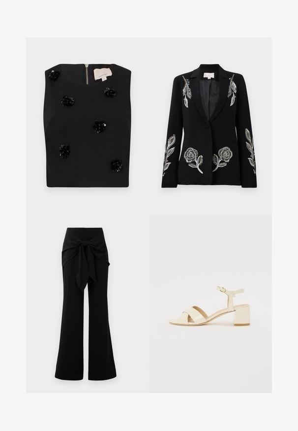 Crni sako s složenim srebrnim cvjetnim vezom na rukavima, zatvaranje na jedno dugme i dva prednja džepa. Glatka tekstura.; Crna bezrukavna bluza sa četvrtastim izrezom, s aplikacijama cvjetova od šljokica i zatvaranjem na kralježnici. Glatka tkanina. Veličina mala.; Crne široke hlače s detaljem vezanja oko struka. Napravljene od mekanog materijala, s glatkom teksturom i čistim linijama. Rubovi su lagano prošireni.; Bež sandale od lakirane kože na visokoj peti s dizajnom preklopnog remena, otvorenim prstima, podesivim remenom oko gležnja i blok petom. Glatka tekstura.