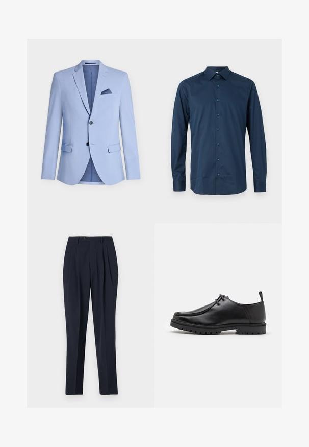 Svetlo modra blazerka iz gladkega materiala, z zareznim ovratnikom, dvema sprednjima žepoma, dvema gumboma in žepom na prsih z mornarsko modrim detajlom.; Temno modra srajca z dolgimi rokavi in gumbi, izdelana iz gladkega materiala. Ima klasičen ovratnik, sprednji del z ustreznimi gumbi in manšete na rokavih.; Mornarske hlače z visokim pasom, z gubami spredaj in z enim gumbom za zapiranje. Tkanina se zdi gladka z prilagojenim krojem in ravnim dizajnom nog. ; Črne usnjene čevlje na vezanje z robustnim podplatom in zanko na peti, prikazani s strani na beli podlagi.