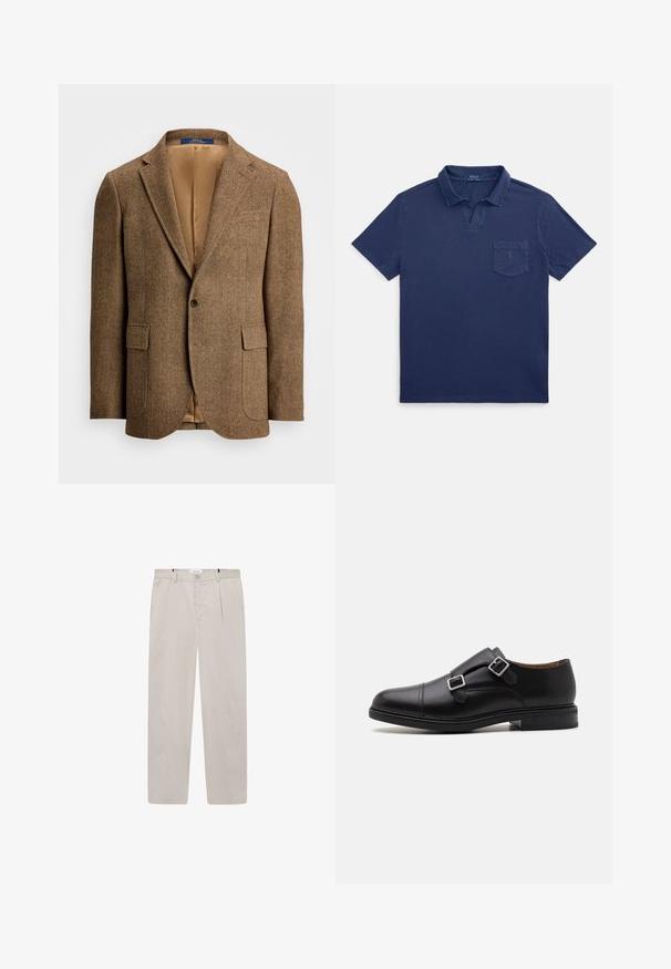 Barna halszálkás blazer két elülső zsebbel, egygombos záródással és világosbarna selyem béléssel. Hajtott gallérja van, és igényes szabású.; Tengerészkék pamut póló, hajtókás gallérral, rövid ujjakkal és egy kis logóval díszített mellzsebbel.; Világos bézs színű nadrág, puha anyagból, egyenes vonalvezetéssel, két oldalsó zsebbel és elülső gombos zárással. Könnyű és sima tapintású.; Fekete bőrből készült cipő dupla csatolóval, lekerekített orral, diszkrét varrással, és lapos, texturált gumitalppal.