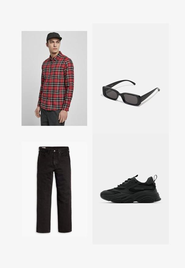 Musta kaksirivinen pikkutakki terävillä läpillä, kaksi etutaskua ja napitetut hihat. Viimeistelty sileällä satiinivuorella.; Punainen ja musta ruudullinen pitkähiha shirtti, jossa napit edessä, kaulus ja yksi rintatasku. Sileä kangas, jossa tasainen pinta.; Mustat suorat farkut, joissa on viisi taskua, nappisulku ja vyölenkit, aseteltuna tasaisesti valkoista taustaa vasten.; Mustat urheilukengät, joissa on paksu pohja, verkkopaneelit ja kumiset yksityiskohdat. Varren takana on vetohihna ja kankaat ovat kuvioituja.; Mustat suorakaiteen muotoiset aurinkolasit, joissa tummat linssit, kiiltävä pinta, leveät sangan varret ja massiivinen kehysmuotoilu. Yhden sangansivun kaiverrettu brändinimi.