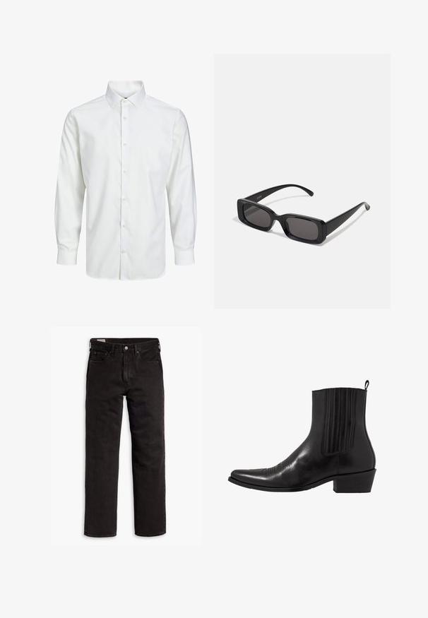 Musta kaksirivinen pikkutakki terävillä läpillä, kaksi etutaskua ja napitetut hihat. Viimeistelty sileällä satiinivuorella.; Valkoinen pitkähihaisen nappipaidan, joka on valmistettu sileästä kankaasta, klassisella kauluksella, edessä napitus ja napillisilla hihansuilla.; Mustat suorat farkut, joissa on viisi taskua, nappisulku ja vyölenkit, aseteltuna tasaisesti valkoista taustaa vasten.; Musta nahkasaapas nilkkamalle, jossa on terävä kärki, joustavat sivupaneelit, pystysuorat ompeleet ja matala lohko korko.; Mustat suorakaiteen muotoiset aurinkolasit, joissa tummat linssit, kiiltävä pinta, leveät sangan varret ja massiivinen kehysmuotoilu. Yhden sangansivun kaiverrettu brändinimi.; Musta kangaspussi, jossa on teksturoitu, tikkikuvio. Pyöreä muoto, lyhyet, paksut kahvat ja pehmeä, joustava rakenne.