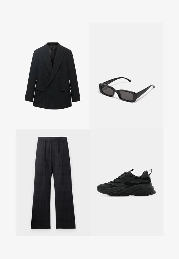 Blazer noir à double boutonnage avec revers en pointe, deux poches avant et manches à boutons. Fini avec une doublure intérieure en satin lisse.; T-shirt en coton blanc à manches courtes, col rond et coupe décontractée. Texture lisse sans motifs ou accents visibles.; Pantalons écossais noirs avec une taille élastique, une coupe évasée, un tissu texturé et un subtil motif à carreaux sur toute la surface.; Baskets de sport noires avec une semelle épaisse, des panneaux en mesh et des accents en caoutchouc. Elles disposent d'une sangle de traction à l'arrière et de motifs texturés.; Lunettes de soleil noires rectangulaires avec des verres foncés, finition brillante, larges branches et un design de monture épaisse. Nom de marque gravé sur une branche.