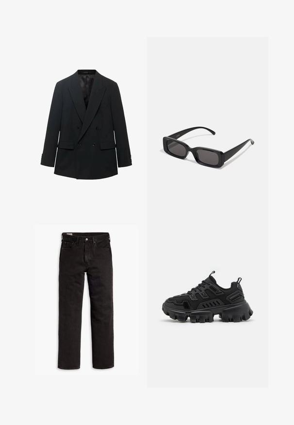 Černý dvouřadý blazer s špičatými klopami, dvěma předními kapsami a zapínáním na knoflíky na rukávech. Dokončený hladkým saténovým podšíváním.; Černý tílko s kulatým výstřihem a širokými ramínky. Vyrobeno z měkké látky, s hladkým povrchem a jednoduchým designem.; Černé džíny rovného střihu s pěti kapsami, zapínáním na knoflík a poutky na opasek, položené na bílém pozadí.; Černá sportovní obuv s texturovanou gumovou podrážkou, vrstvovými designovými prvky a zesílenými akcenty. Obsahuje šněrování a poutko na patě.; Černé obdélníkové sluneční brýle s tmavými skly, lesklým povrchem, širokými ramínky a robustním designem rámu. Vytlačený název značky na jednom ramínku.