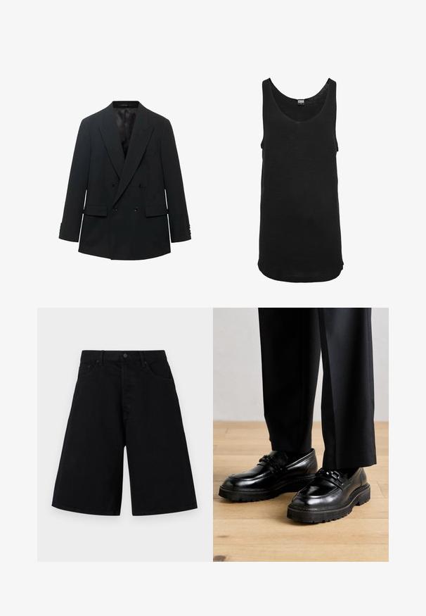 Black double-breasted blazer with peaked lapels, two front pockets, and buttoned sleeves. Finished with a smooth satin inner lining.; Black tank top made of lightweight fabric with a round neckline and sleeveless design. Features a straight hem and minimal stitching details.; Black denim shorts with a relaxed fit, featuring a classic five-pocket design and button closure, smooth texture, and straight leg cut.; Black leather shoes with a smooth finish, featuring a broad sole and decorative cross-bands over the instep. Worn with tailored black trousers.