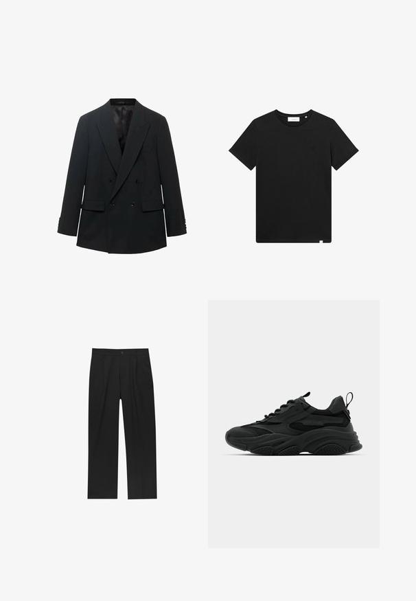 Crni dvostruki sako s oštrim reverima, dva prednja džepa i dugmadima na rukavima. Završava s glatkim satenskim unutrašnjim postavom.; Crna kratka majica s kratkim rukavima od pamuka, s okruglim izrezom i malim logotipom izvezenim na prsima. Glatka tekstura, standardni kroj.; Crne hlače ravnog kroja, izrađene od glatkog materijala. Imaju prednje nabore i jedan dugme na struku.; Crne atletske tenisice s debelim potplatom, mrežastim panelima i gumiranim detaljima. Imaju uvučenu petu i teksturirane uzorke.