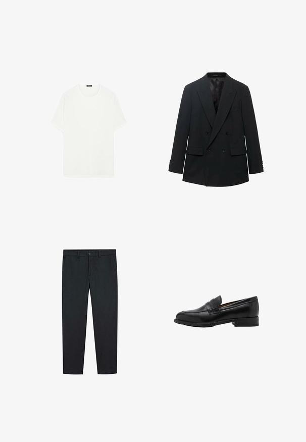 Sort dobbeltradet blazer med spidse lapeller, to forlommer og knaplukninger på ærmerne. Afsluttet med et glat satinfor.; Hvid kortærmet t-shirt lavet af blødt stof. Har en klassisk rund halsudskæring og en lige pasform, uden synlige mønstre eller accenter.; Sorte bukser med lige ben design, lavet af glat stof. Har to forlommer og en knaplukning i taljen.; Sorte læder loafers med en syet front og flad hæl. Glat tekstur med en afrundet tå og en dekorativ rem hen over vristen.