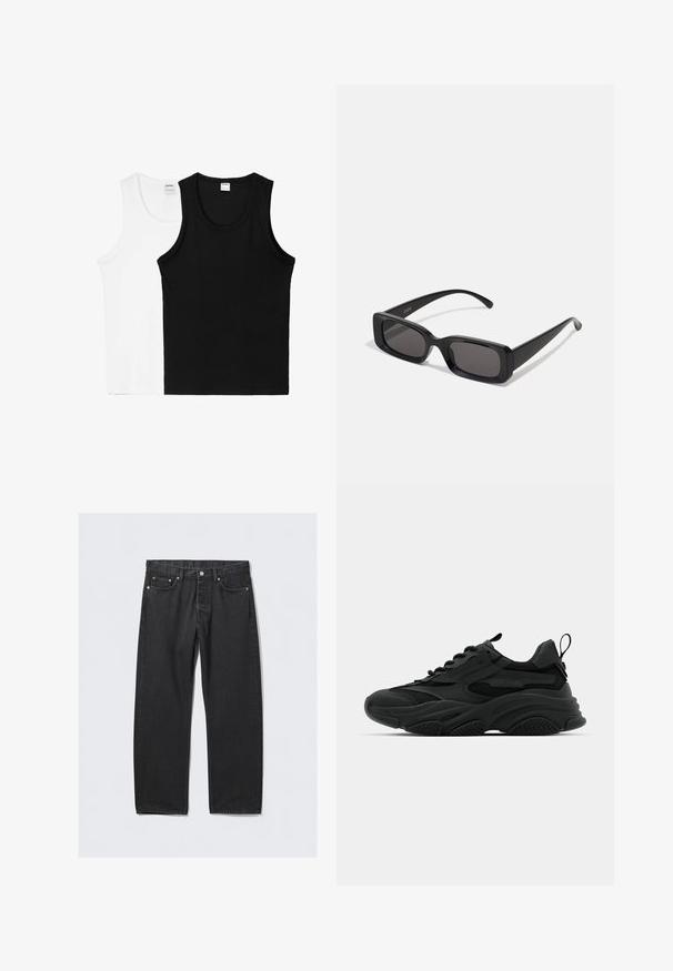 Svart dubbelt knäppt kavaj med slag i spets, två framfickor och knäppta ärmar. Avslutad med en slät satinfoder.; Två ärmlösa linnen: ett vitt och ett svart, gjorda av mjuk bomull, med rund halsringning och utan synliga mönster eller detaljer.; Svarta jeans i denim med rak benpassform, med knappgylf, fem fickor och kopparfärgade detaljer. Slät textur.; Svarta sportskor med en chunky sula, nätpaneler och gummidetaljer. Har en dragtab vid hälen och texturerade mönster.; Svarta rektangulära solglasögon med mörka linser, glänsande yta, breda skalmar och en gedigen ramdesign. Graverat märke på ena skalmen.