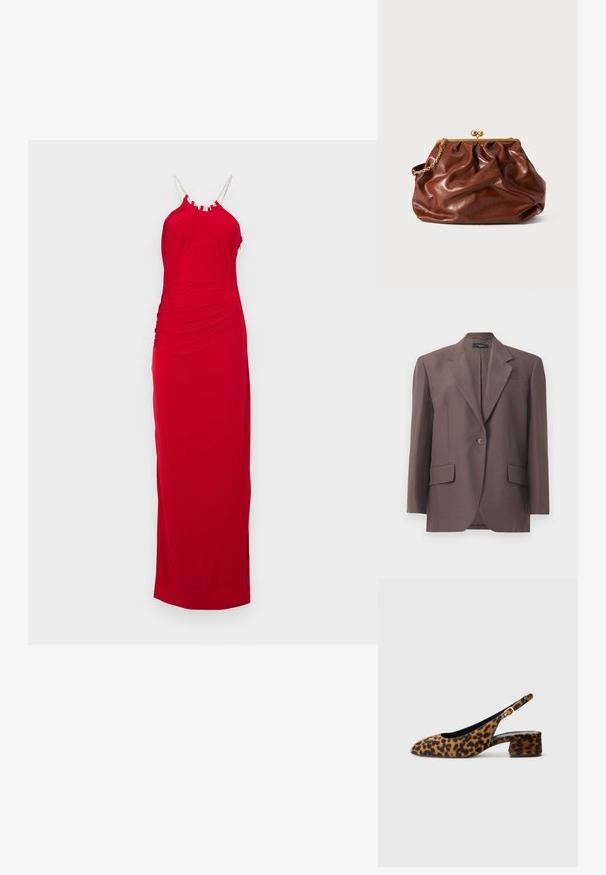 Brązowa dopasowana marynarka z klapami, na jeden guzik, z dwiema przednimi kieszeniami i gładkim wykończeniem materiału. Wykonana z usztywnionego materiału.; Hervé Léger GENEVIEVE czerwony; Kobiece buty w panterkę z odkrytymi piętami, z niskim blokowym obcasem i złotą klamrą na bocznym pasku, pokazane w profilu bocznym na jednolitym tle.; Brązowa skórzana torebka typu kopertówka z złotą klapą i krótkim złotym łańcuszkiem, o miękkiej, marszczonej fakturze na białym tle.