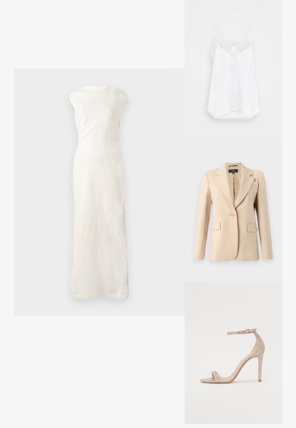 Beige blazer med spetsig slag, enknappsslutning och två framfickor. Tillverkad av ett jämnt tyg med en skräddarsydd passform.; Vit maxiklänning i linnetyg med avskuren axel, figurnära silhuett och rak fåll. Har en strukturerad tygkvalitet för extra detaljer.; Vit linne med v-ringning, tunna axelband, strukturerade spetsdetaljer vid axlarna, och en buktande nederkant. Slät tygtextur.; Remmar högklackad sandal i metallisk roséguld, med en strukturerad ovandel, öppen tå och ankelrem med en guldbuckle detalj.