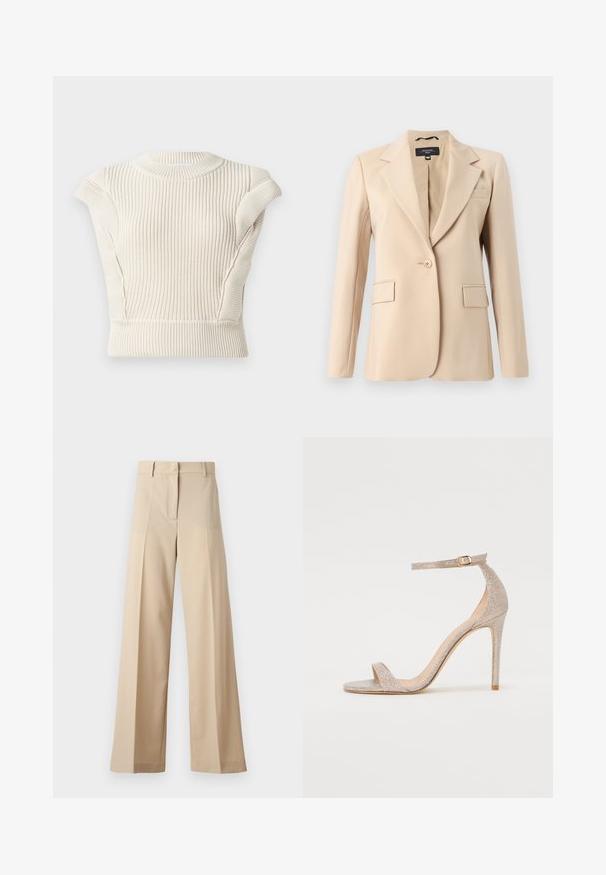 Beige bleiseri, jossa on lovellinen kaulus, yksi napitus ja kaksi etutaskua. Valmistettu sileästä kankaasta, jossa on muotoiltu istuvuus.; Kermainen ribbikangas yläosa lyhyillä hihoilla ja pyöreällä kaula-aukolla. Sisältää tekstuurikankaan ja tiukan muotoilun. Ei näkyviä kiinnityksiä tai kuvioita.; Beige leveled trousers made from smooth fabric, featuring a flat front with folds, a zip fly, and belt loops. Overall tailored fit.; Korkokenkä metallisessa ruusukullassa, jossa on teksturoitu yläosa, avoin kärki ja nilkkaremmissä kullanvärinen solkiyksityiskohta.