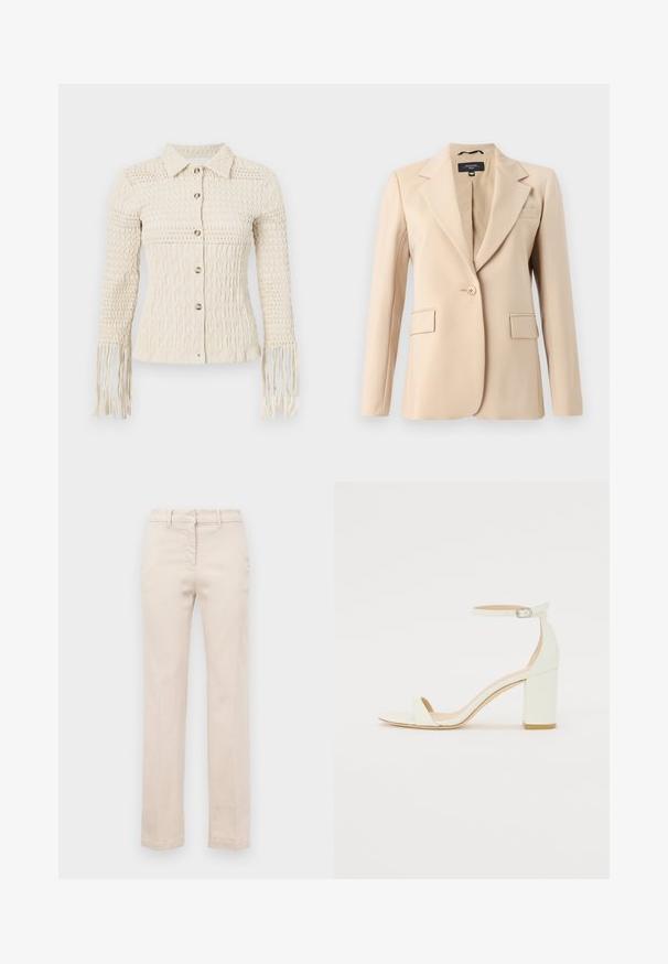 Bežs žakets ar ieliektu apkakli, vienu pogu un divām priekšējām kabatām. Izgatavots no gludas auduma, ar pielāgotu piegriezumu.; Adīts krēms krūšturis ar teksturētu rakstu, apkakli un saplēstām piedurknēm. Iezīmē metāla pogas un pieguļošu dizainu.; Bēža kokvilnas bikses ar pielāgotu piegriezumu, taisnām kājām, priekšējo rāvējslēdzēju un gludu tekstūru. Iekļautas tradicionālas jostas cilpas.; Balts ādas blokpārklājs ar siksniņu ap potīti, kurai ir sprādze un minimālistisks dizains. Atvērta purna un gludas virsmas visā apavā.