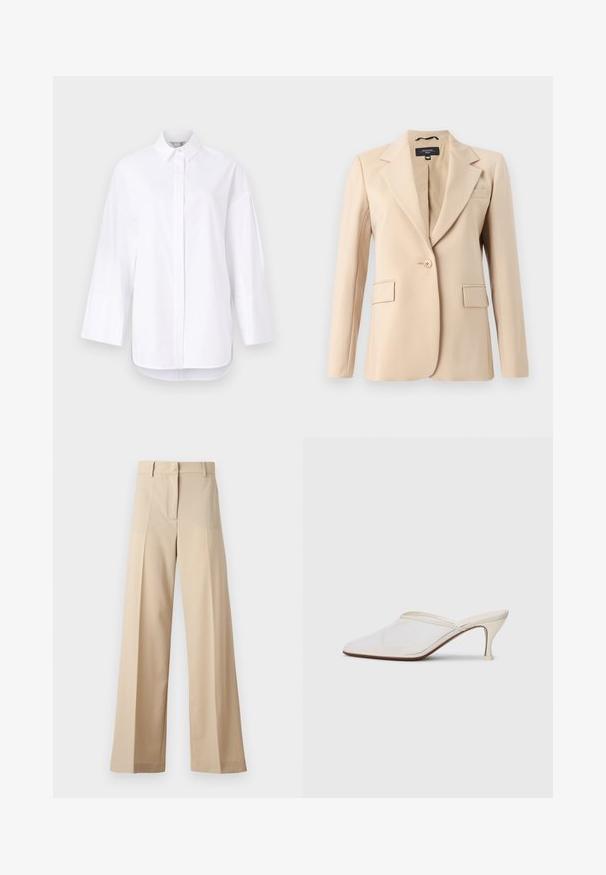 Blazer beige con revers, chiusura a un bottone e due tasche frontali. Realizzato in tessuto morbido, presenta una vestibilità tailored.; Camicia bianca con bottoni realizzata in cotone morbido, dotata di un collo classico, maniche lunghe con polsini e orlo dritto con spacchi laterali.; Pantaloni beige a gamba larga realizzati in tessuto morbido, con fronte piatto e pieghe, zip e passanti per cintura. Vestibilità sartoriale complessiva.; Mule bianco in rete con punta appuntita, tacco medio sottile e design slip-on su uno sfondo semplice.