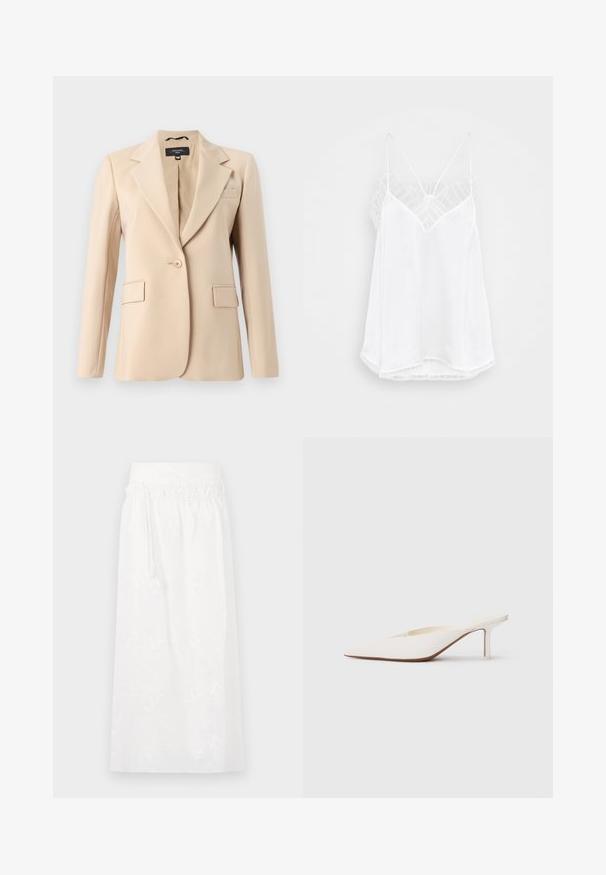 Blazer beige avec revers cranté, fermeture à un bouton et deux poches avant. Fabriqué en tissu lisse, doté d'une coupe ajustée.; Camisole blanche avec un décolleté en V, des fines bretelles, des touches de dentelle texturée au niveau des épaules, et un ourlet courbé. Texture de tissu lisse.; Jupe maxi blanche avec une taille élastique, de délicates broderies florales et un design fluide. Fabriquée en tissu léger.; Mule blanc à bout pointu avec un talon stiletto bas. Fabriqué en matériau lisse avec un design minimaliste et un subtil détail de semelle beige.
