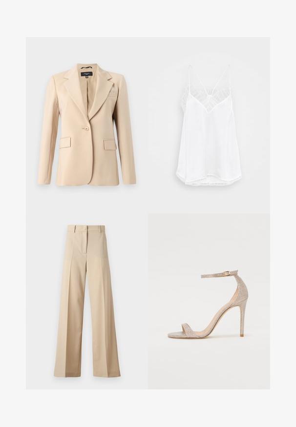 Beige blazer with a notched lapel, single button closure, and two front pockets. Made of smooth fabric, featuring a tailored fit.; White camisole with a v-neck design, thin straps, textured lace accents at the shoulders, and a curved hemline. Smooth fabric texture.; Beige wide-leg trousers made of smooth fabric, featuring a flat front with pleats, a zip fly, and belt loops. Tailored fit overall.; Strappy high-heeled sandal in metallic rose gold, featuring a textured upper, open toe, and ankle strap with a gold buckle detail.