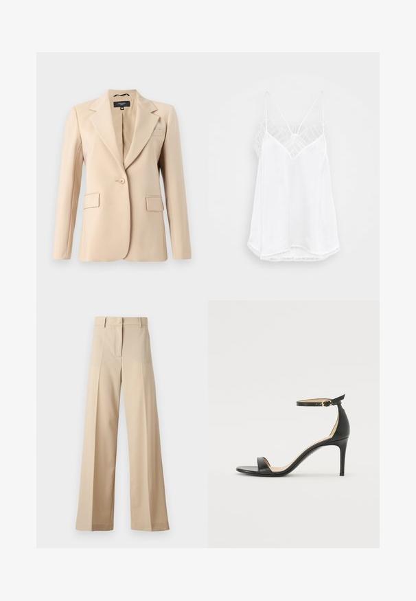 Beiger Blazer mit Reverskragen, einreihigem Knopfverschluss und zwei vorderen Taschen. Aus glattem Stoff gefertigt und mit taillierter Passform.; Weiße Spaghetti-Top mit V-Ausschnitt, dünnen Trägern, strukturierten Spitzenakzenten an den Schulter und einem geschwungenen Saum. Glatte Stoffoberfläche.; Beige weite Hosen aus glattem Stoff, mit einem flachen Vorderteil mit Falten, einem Reißverschluss und Gürtelschlaufen. Insgesamt eine taillierte Passform.; Schwarze Leder-high-heeled Sandale mit Knöchelriemen. Verfügt über eine glatte Textur, offene Zehen und einen dünnen Absatz. Goldfarbener Schnallenakzent.