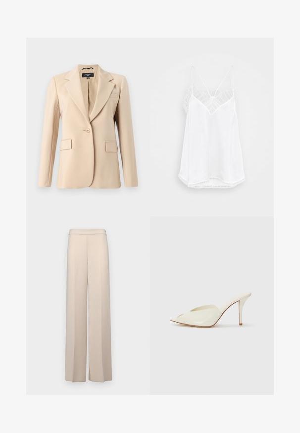 Béžový blejzer s výstrihom do V, jednotlivým gombíkom a dvoma prednými vreckami. Vyrobený z hladkého materiálu, s prispôsobeným strihom.; Biela cami s designom do V, tenkými ramienkami, textúrovanými čipkovými akcentmi na pleciach a zakriveným lemom. Hladká textúra látky.; Béžové nohavice s širokými nohavicami z hladkej tkaniny, s vysokým pásom a jemnými prednými skladmi. Bez vreciek alebo viditeľných horských detailov.; Biele lakované sandále s otvorenou špičkou, so špicatým dizajnom, štíhlým vysokým podpätkom a hladkou textúrou; minimalistický štýl s jemnými detailmi prešívania.