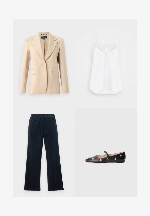 Beiger Blazer mit Reverskragen, einreihigem Knopfverschluss und zwei vorderen Taschen. Aus glattem Stoff gefertigt und mit taillierter Passform.; Weiße Spaghetti-Top mit V-Ausschnitt, dünnen Trägern, strukturierten Spitzenakzenten an den Schulter und einem geschwungenen Saum. Glatte Stoffoberfläche.; Marineblaue Cordhosen mit weitem Bein, elastischem Bund und vertikal gerippter Textur. Verfügt über Seitentaschen und einen geraden Saum.; Schwarze Leder-Mary-Jane-Ballenflats mit runder Zehenform, ausgestattet mit silbernen runden Nieten und einem verstellbaren Riemen mit Schnalle.