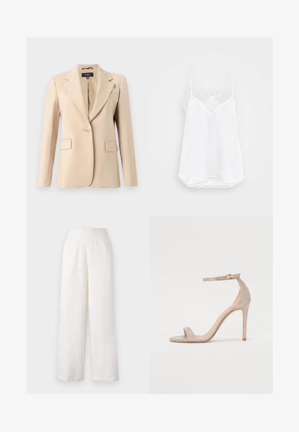 Bež bleiser, millel on lohkidega krae, üks nupp sulgemiseks ja kaks esist pocketit. Valmistatud siledast kangast, omab kohandatud lõiget.; Valge kampsun V-kujuga kaelusega, õhukeste rihmadega, õlgadel tekstuuriga pitsaktsentidega ning kumerate äärtega. Sile kanga tekstuur.; Valged laiad püksid tekstuurse, kortsutatud kangaga. Omab elastset vöökohta ja külgtaskuid mugavuse tagamiseks.; Stiilipete kõrge kontsaga sandaal metallik roosi kuldse värviga, millel on tekstureeritud ülemine osa, avatud varvas ja pahkluu rihm, millel on kuldne klamber.