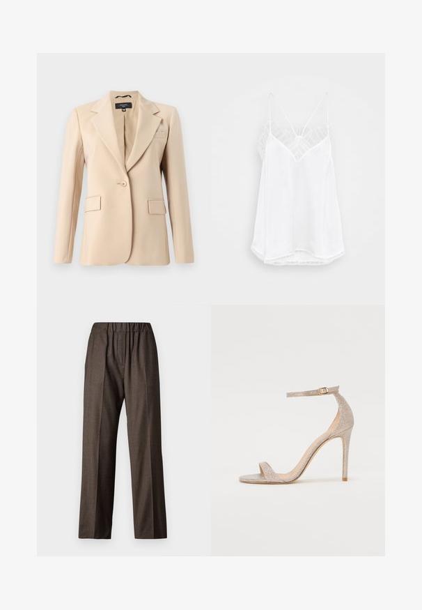 Blazer beige con revers, chiusura a un bottone e due tasche frontali. Realizzato in tessuto morbido, presenta una vestibilità tailored.; Camisola bianca con scollatura a V, spalline sottili, dettagli in pizzo testurizzato sulle spalle e orlo curvato. Tessuto morbido.; Pantaloni in tessuto a scacchi marroni con vita elastica, design a gamba dritta e tasche laterali. Superficie testurizzata con un motivo sottile.; Sandalo con tacco alto e cinturino in oro rosa metallico, caratterizzato da una tomaia testurizzata, punta aperta e cinturino alla caviglia con dettaglio in nappa dorata.