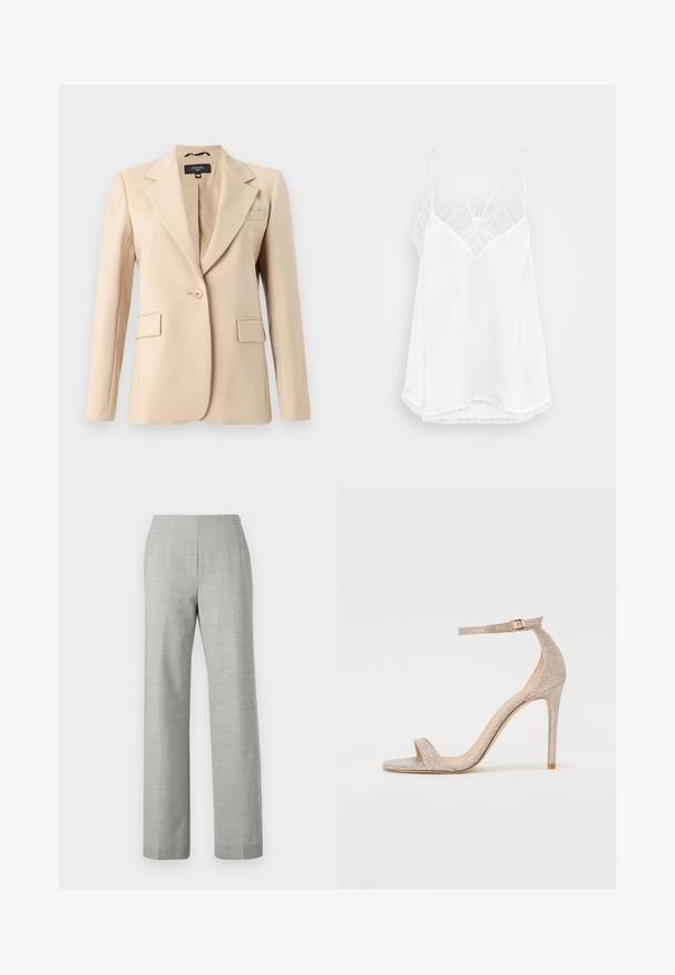 Beiger Blazer mit Reverskragen, einreihigem Knopfverschluss und zwei vorderen Taschen. Aus glattem Stoff gefertigt und mit taillierter Passform.; Weiße Spaghetti-Top mit V-Ausschnitt, dünnen Trägern, strukturierten Spitzenakzenten an den Schulter und einem geschwungenen Saum. Glatte Stoffoberfläche.; Graue maßgeschneiderte Hose mit geradem Bein, gefertigt aus einem strukturierten Stoff. Besitzt einen glatten Bund und ein sauberes, minimalistisches Design.; Riemchen-High-Heelsandale in metallic Roségold mit einer strukturierten Oberseite, offenen Zehen und einem Knöchelriemen mit einer goldenen Schnallen-Detail.