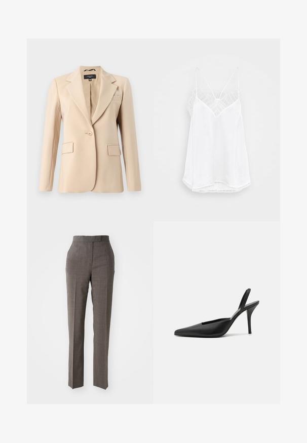 Beige zakó, nappali hajtókával, egygombos záródással és két elülső zsebből. Simító anyagból készült, testhez simuló szabással.; Fehér pántos top V-nyakkivágással, vékony pántokkal, texturált csipke díszítéssel a vállaknál és ívelt szegéllyel. Simás anyagfelület.; Szürke szabott nadrág egyenes szabással, texturált anyagból, közép magas derékkal és két elülső zsebbel. Nincsenek látható kapcsok vagy minták.; Fekete pántos magassarkú cipők, hegyes orral, sima bőrből készült anyaggal és letisztult, minimalista dizájnnal. Magas tűs sarok.