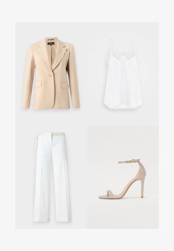 Bež blazer s narezanimi reverji, zapiranjem na en gumb in dvema sprednjima žepoma. Narejen iz gladkega materiala, ki se odlično prilega.; Bela kamisola z oblikom v-izreza, tankimi naramnicami, strukturirani čipkastimi poudarki na ramenih ter ukrivljenim robom. Gladka tekstura tkanine.; Bele široke hlače iz gladkega materiala, ki imajo raven sprednji del, žepke in svetlo zelen pas iz satena z detajlom za zavezovanje.; Jarke visoke pete s trakovi v metalik rožnato zlato, z teksturiranim zgornjim delom, odprtim prstom in zaponko na gležnju v zlatem detajlu.