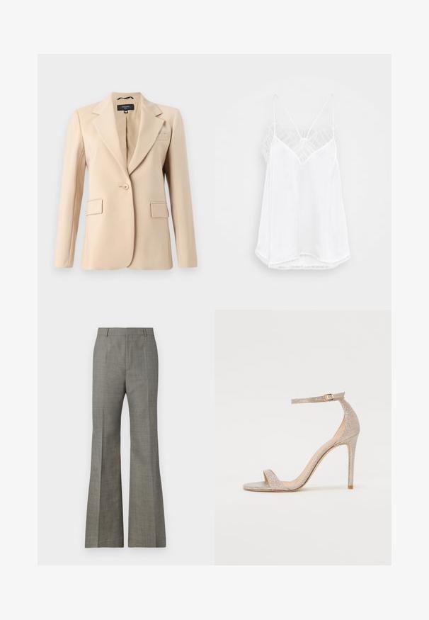 Beige bleiseri, jossa on lovellinen kaulus, yksi napitus ja kaksi etutaskua. Valmistettu sileästä kankaasta, jossa on muotoiltu istuvuus.; Valkoinen toppi, jossa on V-aukko muotoilu, ohuet olkaimet, teksturoitu pitsi lisäykset hartioilla ja kaareva helma. Sujuva kangaskuvio.; Harmaat leveät housut, jotka on valmistettu teksturoidusta kankaasta, miehitetty istuvuus, hienovarainen ruudullinen kuvio ja etupurkkaudet hienostuneen ilmeen saavuttamiseksi.; Korkokenkä metallisessa ruusukullassa, jossa on teksturoitu yläosa, avoin kärki ja nilkkaremmissä kullanvärinen solkiyksityiskohta.