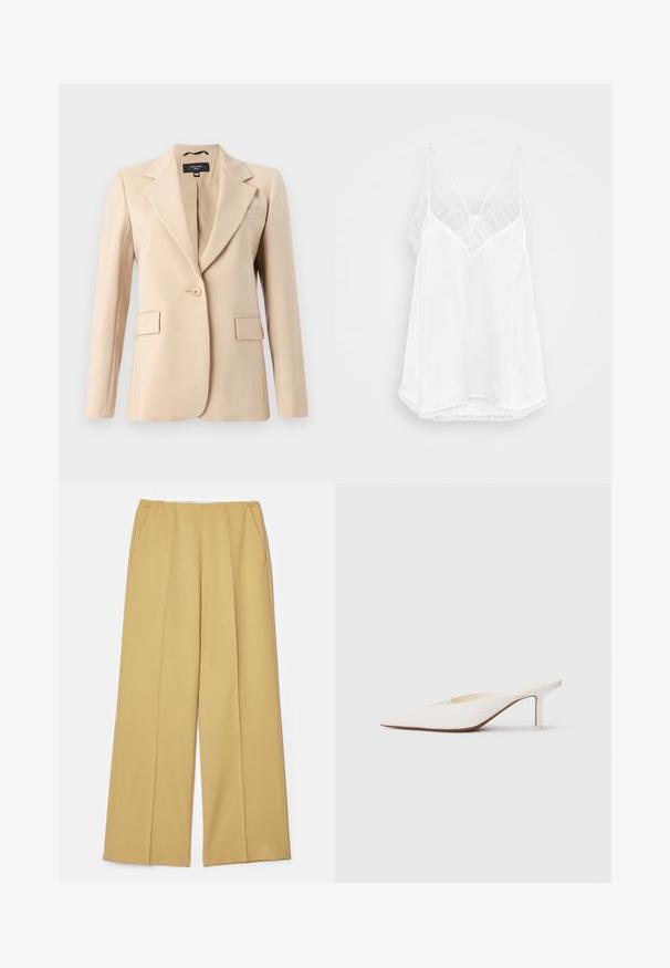Beige zakó, nappali hajtókával, egygombos záródással és két elülső zsebből. Simító anyagból készült, testhez simuló szabással.; Fehér pántos top V-nyakkivágással, vékony pántokkal, texturált csipke díszítéssel a vállaknál és ívelt szegéllyel. Simás anyagfelület.; Mustár sárga anyagú, széles lábú nadrág, elülső zsebekkel és sima textúrával, letisztult, szabott dizájnnal.; Hegyes orrú fehér papucs alacsony stiletto sarkúval. Simább anyagból készült, minimalista dizájnnal és diszkrét barna talp részlettel.