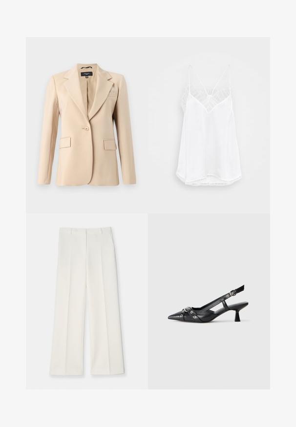 Blazer beige con solapa con muesca, cierre de un solo botón y dos bolsillos frontales. Fabricado en tela suave, con un corte entallado.; Camiseta blanca sin mangas con un diseño de escote en V, tirantes finos, acentos de encaje texturizado en los hombros y un dobladillo curvado. Textura de tela suave.; Pantalones de pierna ancha en tejido color crema claro, con una textura suave, pliegues frontales y dos bolsillos laterales. Diseño de cinturilla ajustada.; Zapato de slingback negro de piel con punta afilada, correas decorativas con ojales de metal y un tacón bajo y ancho. Superficie texturizada.