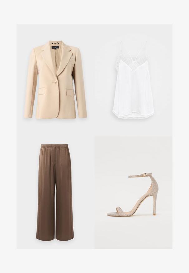 Blazer bej cu rever dentat, închidere cu un singur nasture și două buzunare în față. Fabricat dintr-un material neted, având o croială ajustată.; Camisola albă cu un decolteu în formă de V, bretele subțiri, accente de dantelă texturată la umeri și o margine curbată. Textură a stofei netedă.; Pantaloni largi, maro, cu talie elastică și țesătură netedă, expuși pe un fundal alb simplu.; Sandale cu toc înalt, cu curelușe, de culoare aurie metalizată, având un toc texturat, vârful deschis și curea pe gleznă cu detalii din aur.