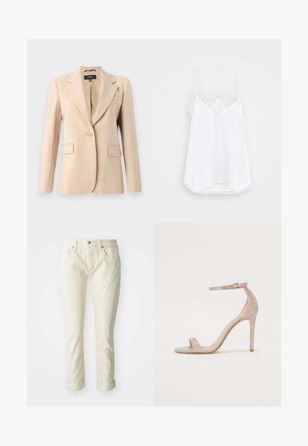Blazer bej cu rever dentat, închidere cu un singur nasture și două buzunare în față. Fabricat dintr-un material neted, având o croială ajustată.; Camisola albă cu un decolteu în formă de V, bretele subțiri, accente de dantelă texturată la umeri și o margine curbată. Textură a stofei netedă.; Blugi din denim bej cu un design ajustat, având cinci buzunare, fermoar la fileu și manșete rulate pentru un finisaj scurt.; Sandale cu toc înalt, cu curelușe, de culoare aurie metalizată, având un toc texturat, vârful deschis și curea pe gleznă cu detalii din aur.