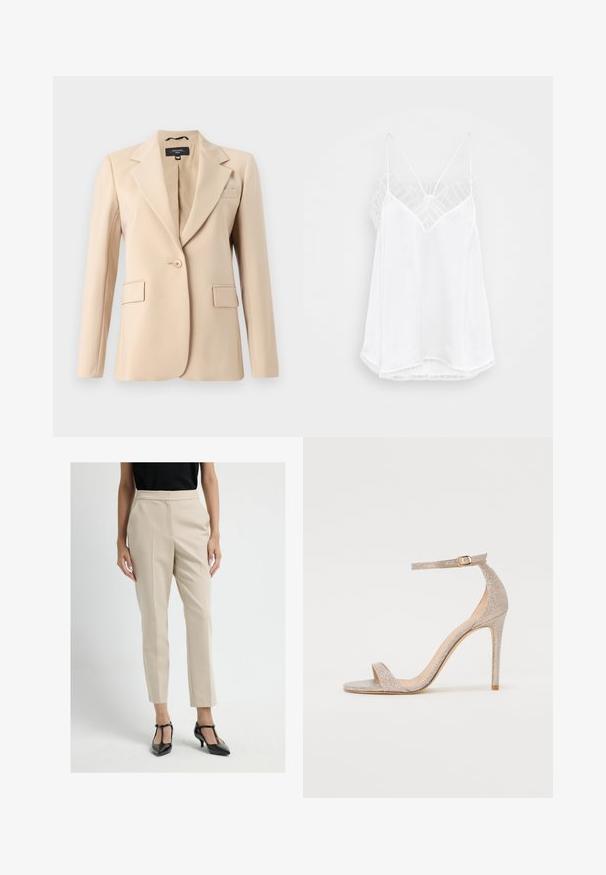 Beige blazer met een scherp gelapte revers, enkele knoopsluiting en twee voorkeurszakken. Gemaakt van gladde stof, met een getailleerde pasvorm.; Witte cami met een V-halsontwerp, dunne bandjes, gestructureerde kantaccenten op de schouders en een gebogen zoom. Gladde stoftextuur.; Beige op maat gemaakte broek met voorplooien, recht model en zijzakken, gecombineerd met zwarte hakken. Soepele stofstructuur.; Strappy hoge hak sandaal in metallic roségoud, met een gestructureerde bovenkant, open teen en enkelband met een gouden gespdetail.