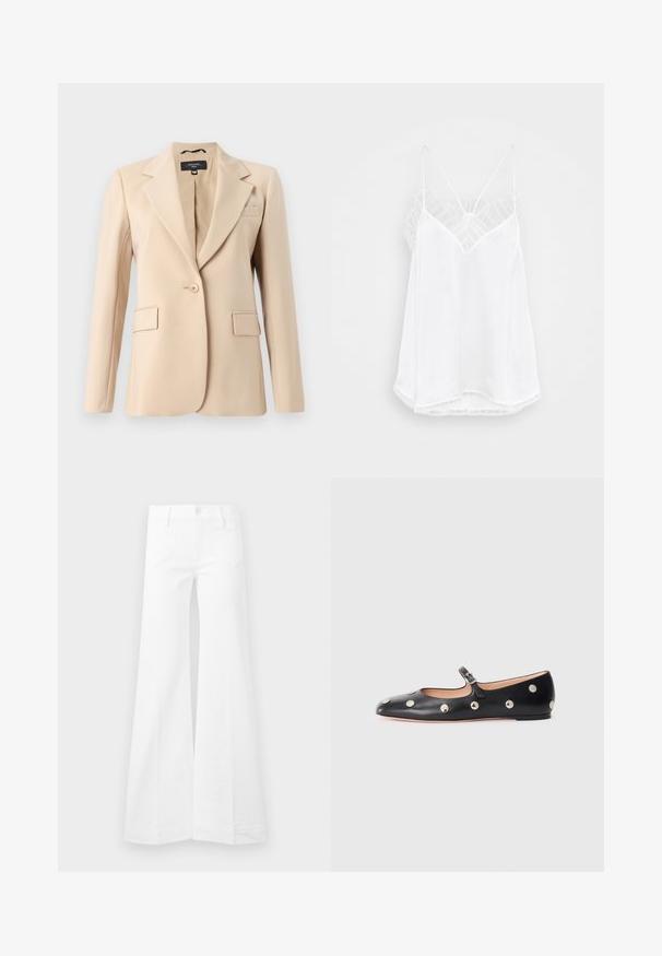 Bežs žakets ar ieliektu apkakli, vienu pogu un divām priekšējām kabatām. Izgatavots no gludas auduma, ar pielāgotu piegriezumu.; Balts topiņš ar V veida kakla izgriezumu, plānām siksnām, teksturētu mežģīņu akcentiem uz pleciem un izliekta apakšmala. Gluda auduma tekstūra.; Baltas augsta jostas līmeņa flared bikses ar sirds formas priekšējiem kabatām, pogu aizdari un jostas cilpiņām, izstādītas uz vienkārša fona.; Melna ādas Mary Jane līdzena zābaku ar noapaļotu purngalu, kurā ir sudraba apaļie kniedes un regulējama siksniņa ar sprādzi.