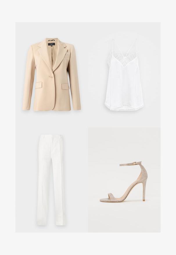 Bežinė švarkas su atlenktomis atlapomis, vienu mygtuko uždarymu ir dviem priekinėmis kišenėmis. Pagaminta iš lygaus audinio, pasižymi pritaikytu siluetu.; Balta camizola su V formos iškirpte, plonais petnešomis, tekstūruota nėrinių apdaila ant pečių ir lenkta apatinė dalis. Lygi audinio tekstūra.; Balti, tiesūs kelnes pagamintos iš lengvos medžiagos. Turi plokščią priekį, diržo kilpas ir jokių matomų raštų ar dekoracijų.; Metaliniu rožiniu auksu padabinti aukštakulniai sandalai su dirželiais, turintys tekstūruotą viršutinę dalį, atvirą pirštą ir kulkšnies dirželį su auksiniu sagtimi.